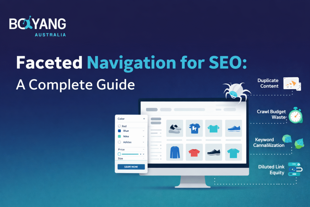 Featured image for Faceted Navigation for SEO blog showing Boyang Australia logo, an eCommerce product filter interface on a desktop screen, and visual highlights of SEO risks like duplicate content, crawl budget waste, keyword cannibalisation, and diluted link equity.